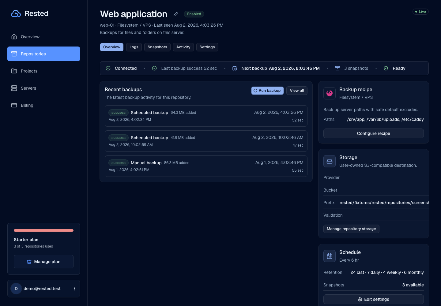 Rested repository overview for a VPS with connection health, recent backups, encrypted storage, and available snapshots