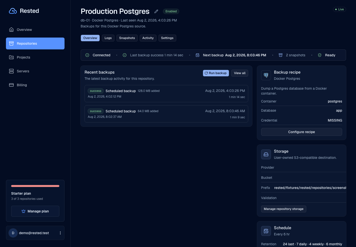 Rested repository overview for a Docker Postgres backup with recent successful runs, encrypted credentials, and S3 storage