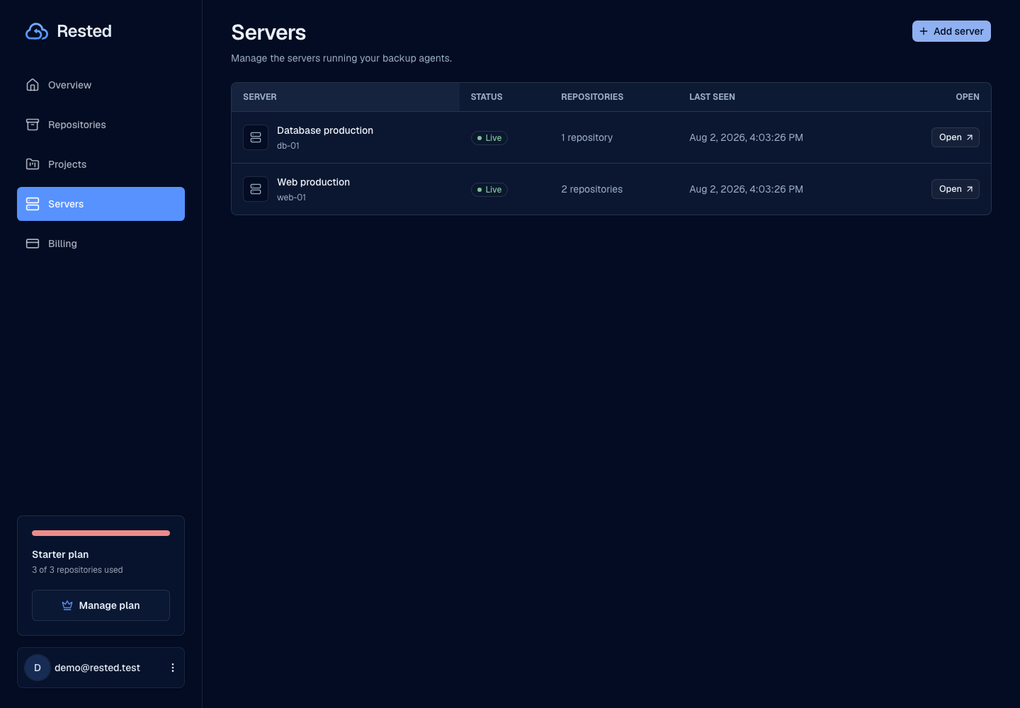 Rested servers view showing live Linux servers, attached repositories, last-seen health, and server setup actions