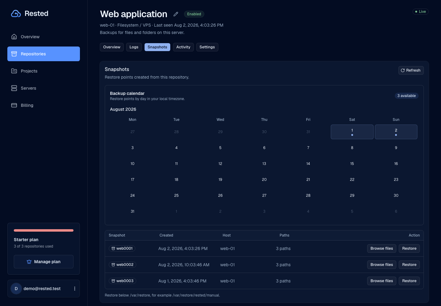 Rested snapshot browser with recovery dates, snapshot identifiers, hosts, protected paths, and restore actions